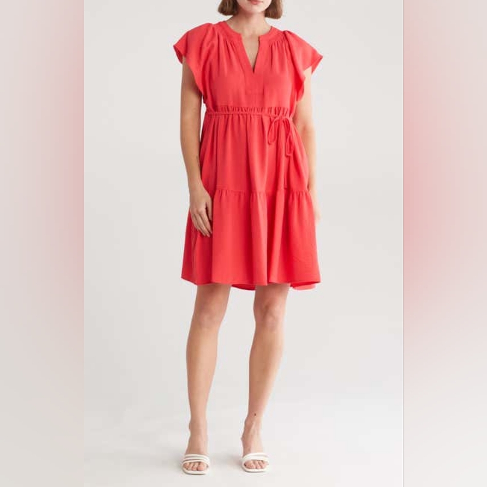 Calvin Klein Aerowash Split Neck Tiered Dress, 10, WATERMELON
